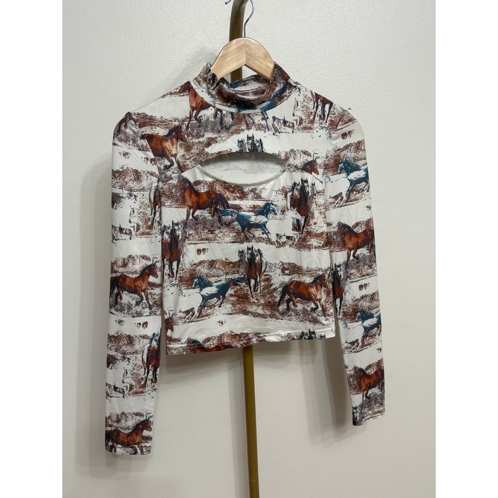 Unbranded Horse Print Cutout Crop Top, Size S, Western Graphic